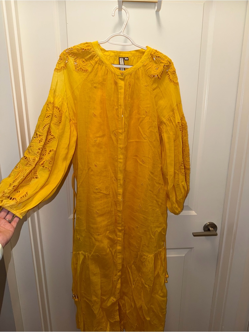 Yellow Embroidered Long Button-Front Dress